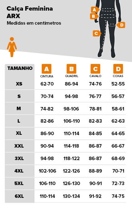 Tabela de medidas calça ARX feminina